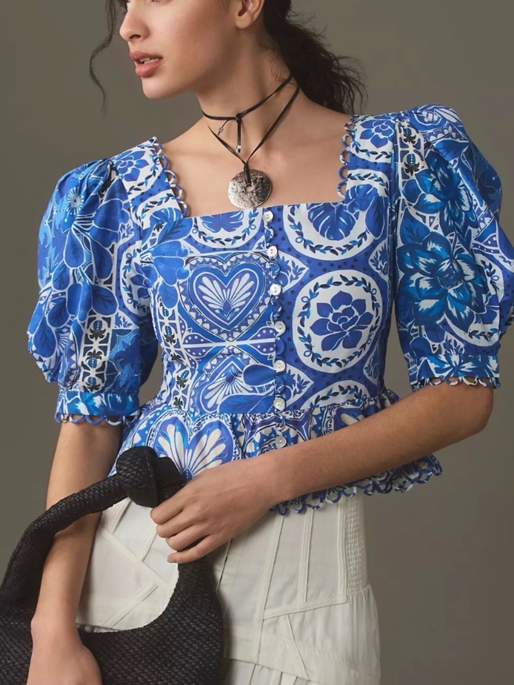 Farm Rio Tile Dream Cotton Puff Sleeve Peplum Top Blue